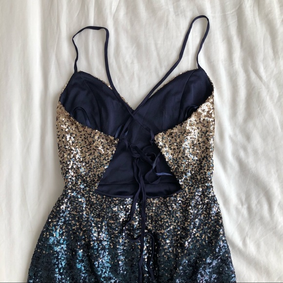 COCKTAIL STRAPPY BACKLESS NAVY TO GOLD OMBRE SEQUIN MINI DRESS - Picture 10 of 11